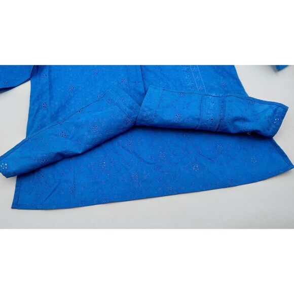 Denim & Co Cotton Eyelet Blue Button-Down Top Tunic Sz M Embroidered 3/4 Sleeve - Picture 4 of 8